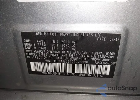 2012 Subaru Legacy 2.5I Premium z USA, uszkodzony, nr VIN 4S3BMBG61C3026936